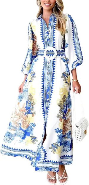 Womens Long Sleeve Button Down Lapel Shirt Dresses 2025 Elegant Floral Flowy Maxi Sundress Casual Long Dress with Belt
