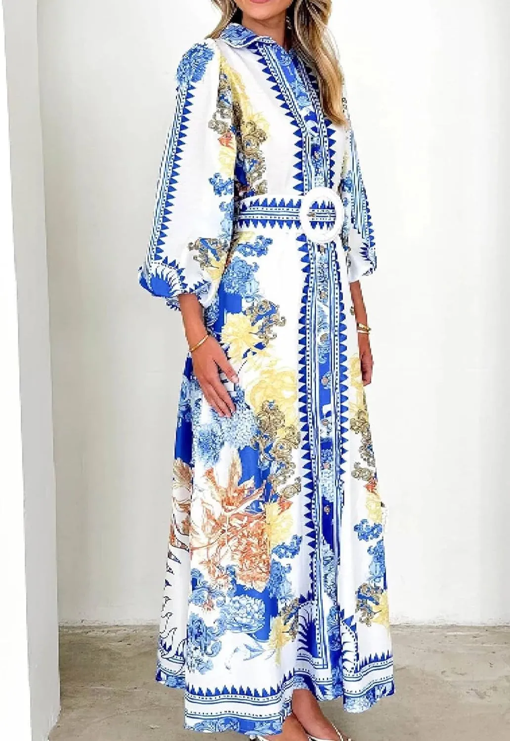 Womens Long Sleeve Button Down Lapel Shirt Dresses 2025 Elegant Floral Flowy Maxi Sundress Casual Long Dress with Belt