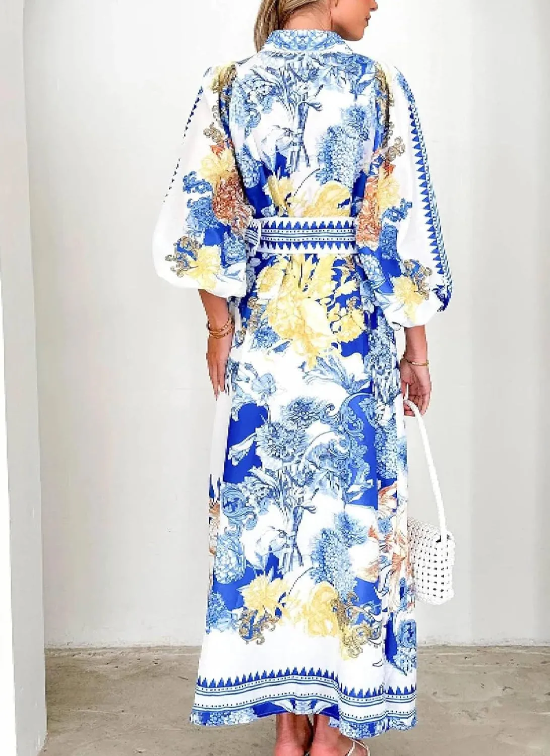 Womens Long Sleeve Button Down Lapel Shirt Dresses 2025 Elegant Floral Flowy Maxi Sundress Casual Long Dress with Belt