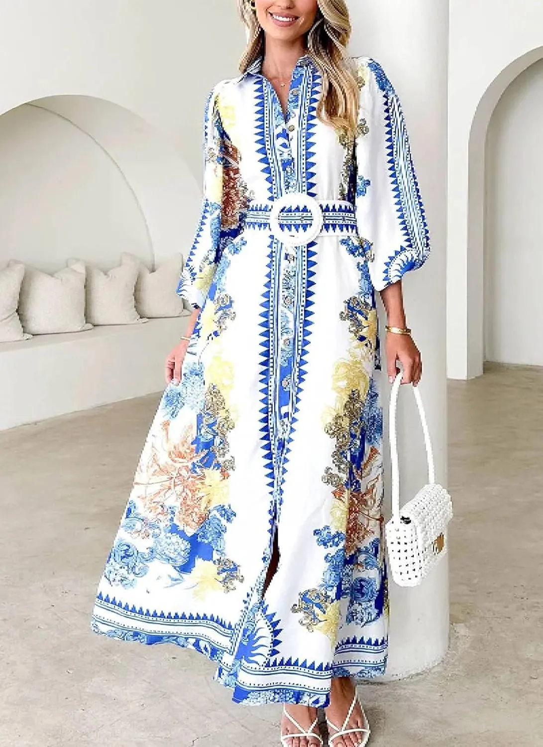 Womens Long Sleeve Button Down Lapel Shirt Dresses 2025 Elegant Floral Flowy Maxi Sundress Casual Long Dress with Belt