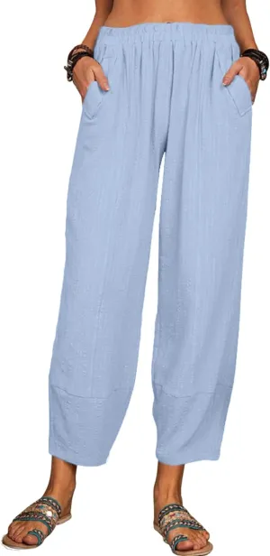 Womens Loose Casual Wide Leg Pants Loose Lightweight Comfy Elastic Waist Lantern Tapered Cropped Trousers with Pockets
