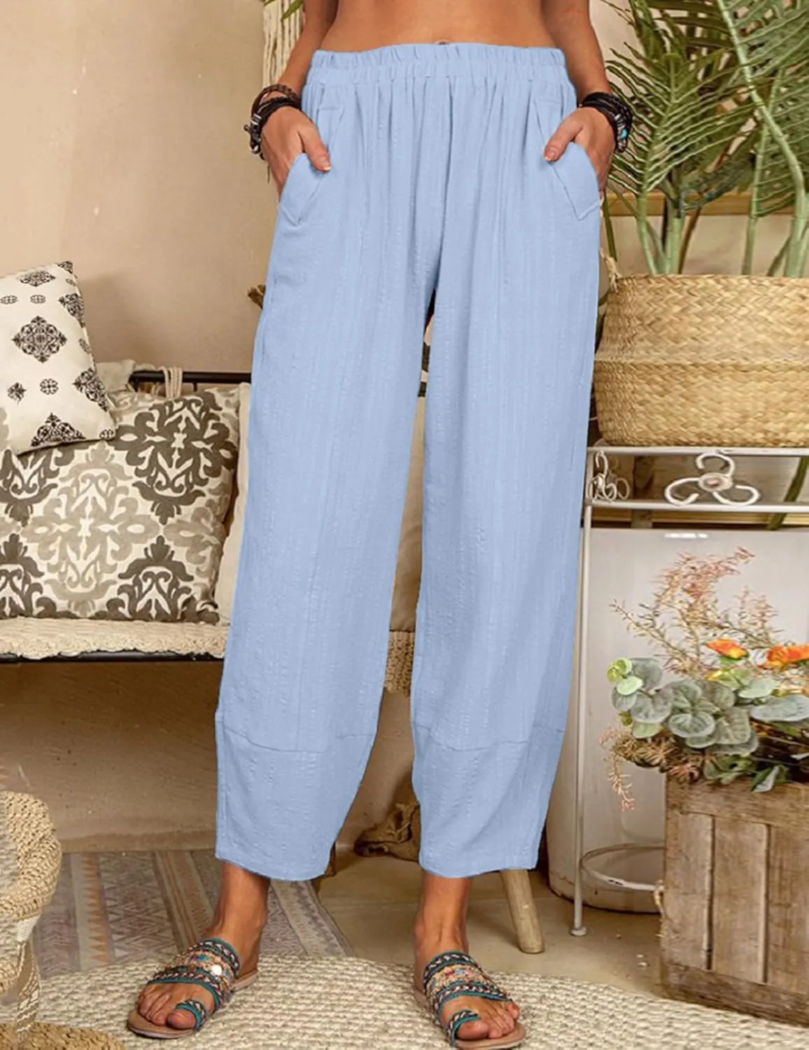 Womens Loose Casual Wide Leg Pants Loose Lightweight Comfy Elastic Waist Lantern Tapered Cropped Trousers with Pockets