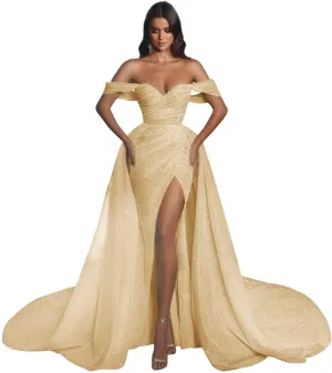 Women's Off The Shoulder Prom Dresses Long Ball Gown with Tran Sparkly Sequins Mermaid Formal Evening Gown