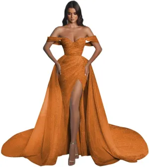 Women's Off The Shoulder Prom Dresses Long Ball Gown with Tran Sparkly Sequins Mermaid Formal Evening Gown