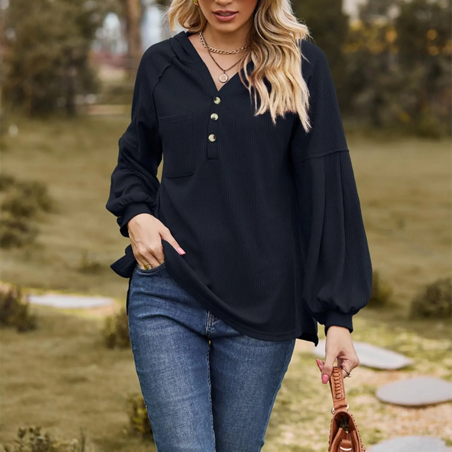 Women's Oversized Hoodies Sweatshirts,Solid Loose Pullover Long-Sleeved T-shirt,Casual Button V Neck Hooded Tops