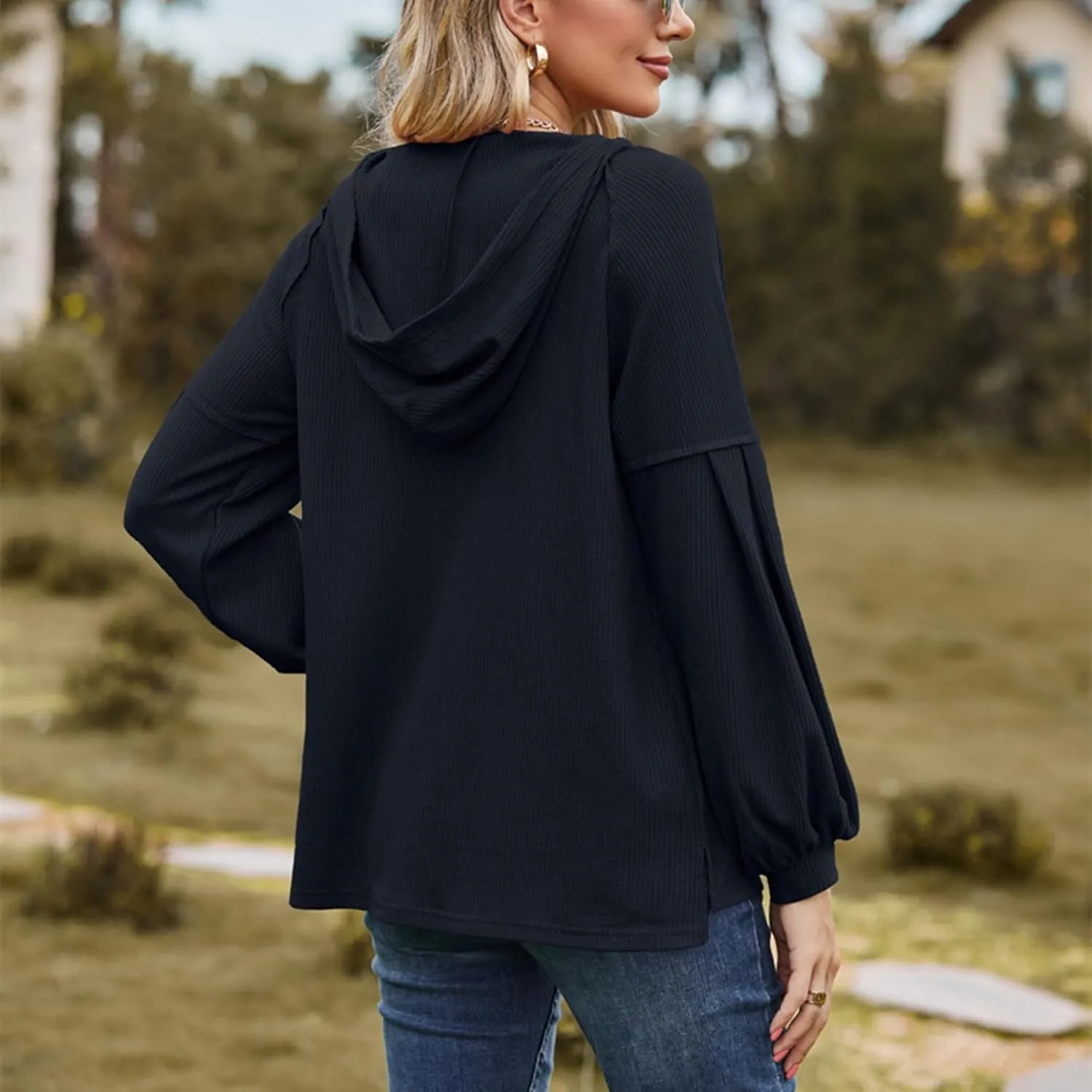 Women's Oversized Hoodies Sweatshirts,Solid Loose Pullover Long-Sleeved T-shirt,Casual Button V Neck Hooded Tops