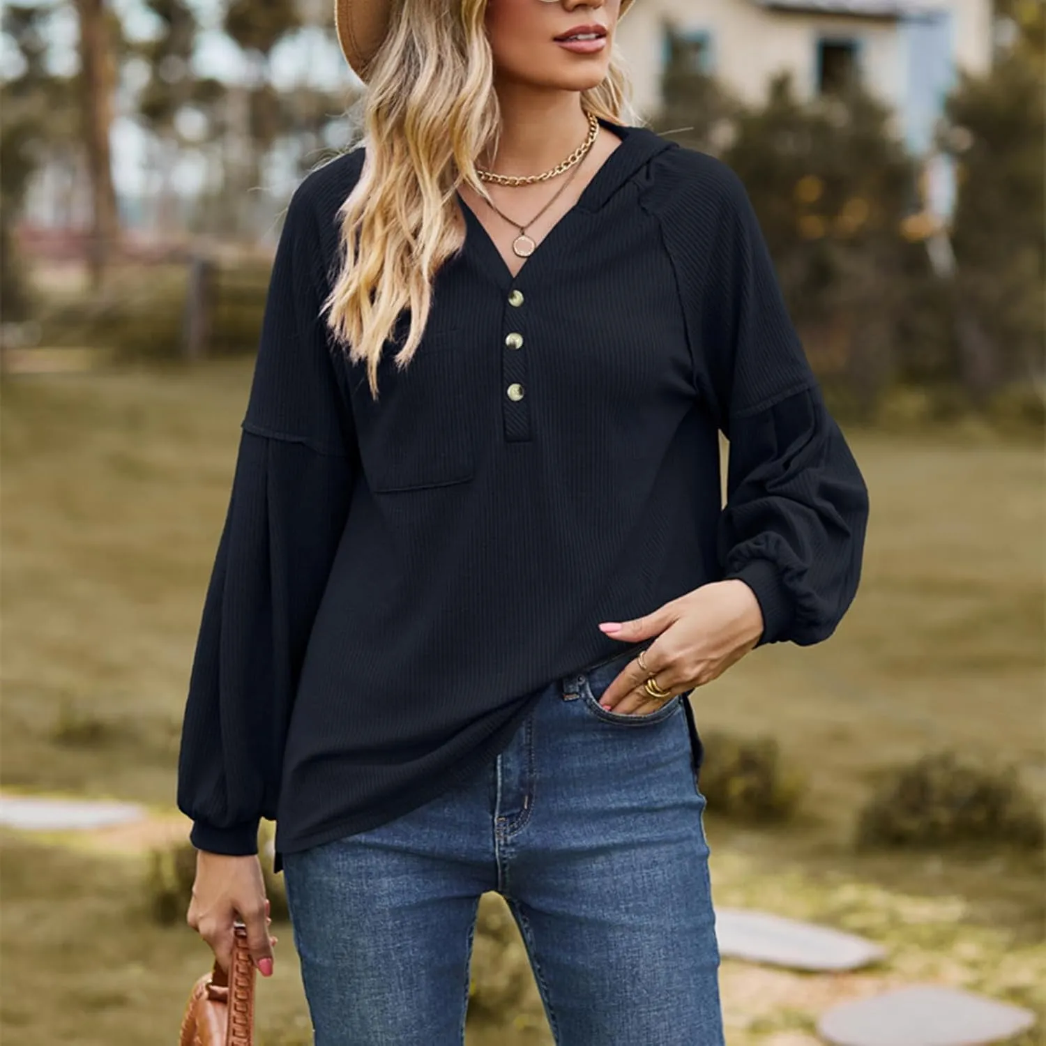 Women's Oversized Hoodies Sweatshirts,Solid Loose Pullover Long-Sleeved T-shirt,Casual Button V Neck Hooded Tops