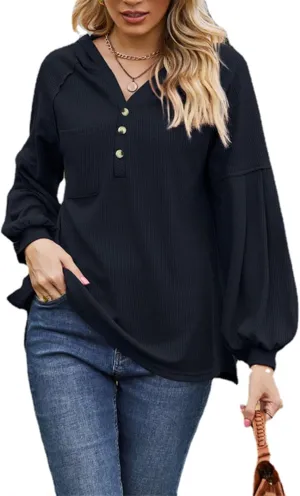 Women's Oversized Hoodies Sweatshirts,Solid Loose Pullover Long-Sleeved T-shirt,Casual Button V Neck Hooded Tops