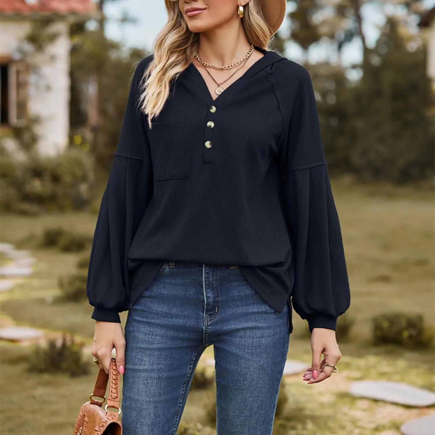 Women's Oversized Hoodies Sweatshirts,Solid Loose Pullover Long-Sleeved T-shirt,Casual Button V Neck Hooded Tops