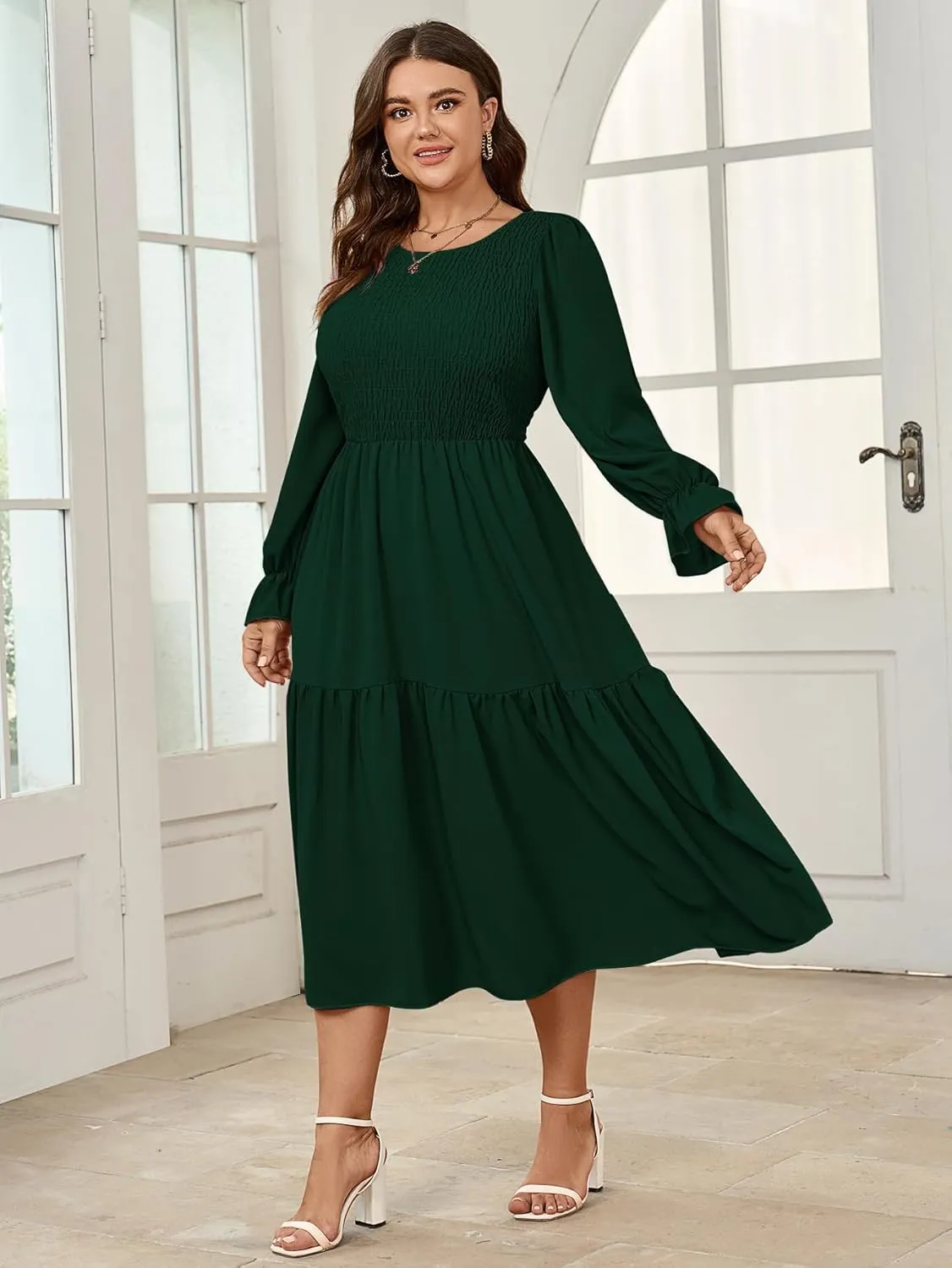 Women's Plus Size Dress Long Sleeve Crewneck Smocked Tiered Flowy Boho Wedding Party Maxi Dresses