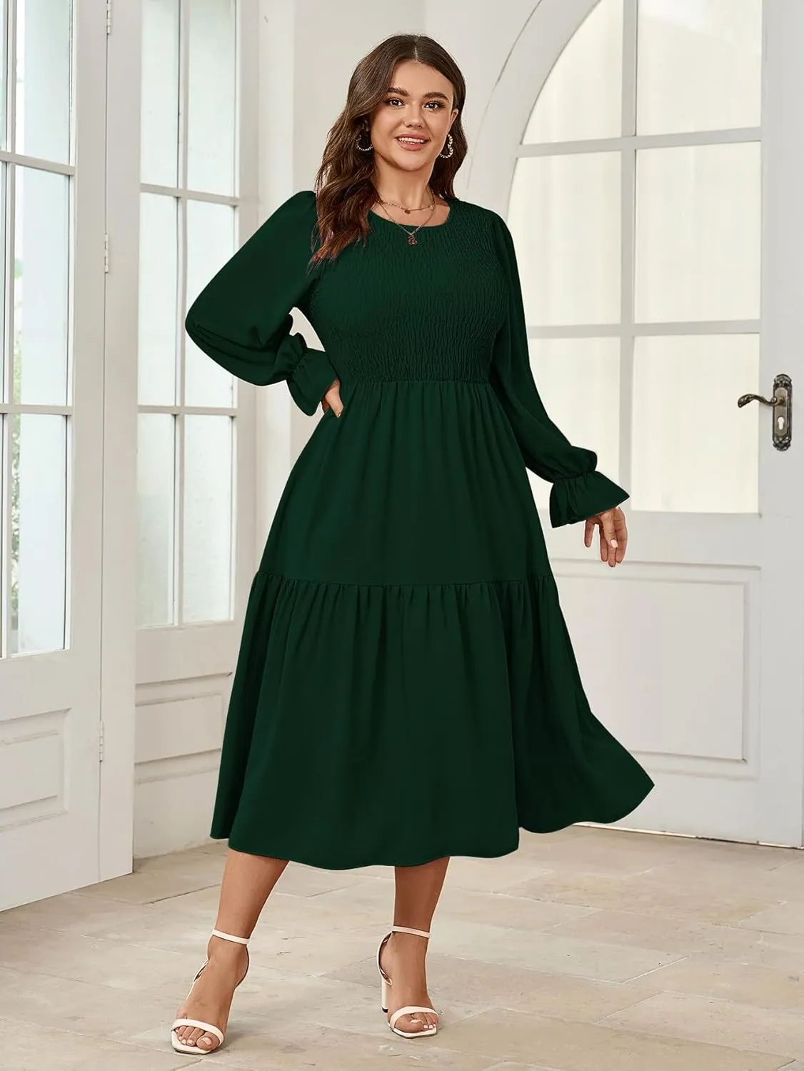 Women's Plus Size Dress Long Sleeve Crewneck Smocked Tiered Flowy Boho Wedding Party Maxi Dresses