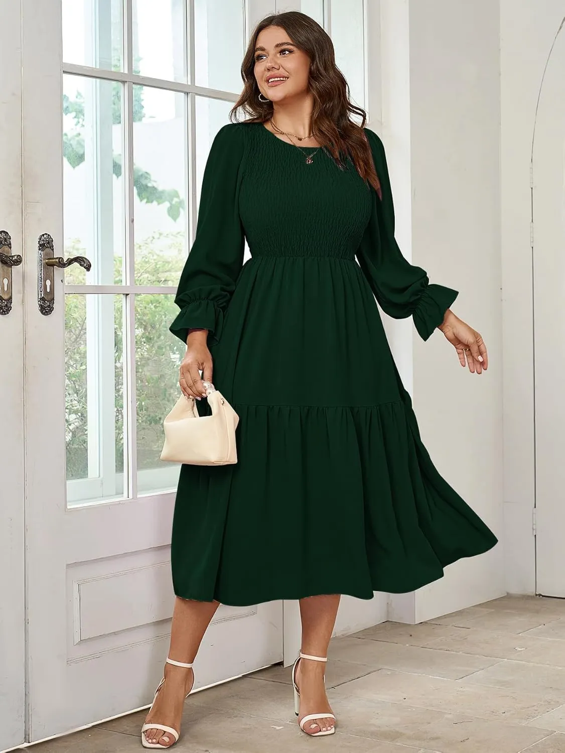Women's Plus Size Dress Long Sleeve Crewneck Smocked Tiered Flowy Boho Wedding Party Maxi Dresses