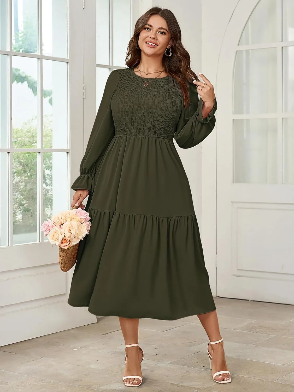 Women's Plus Size Dress Long Sleeve Crewneck Smocked Tiered Flowy Boho Wedding Party Maxi Dresses
