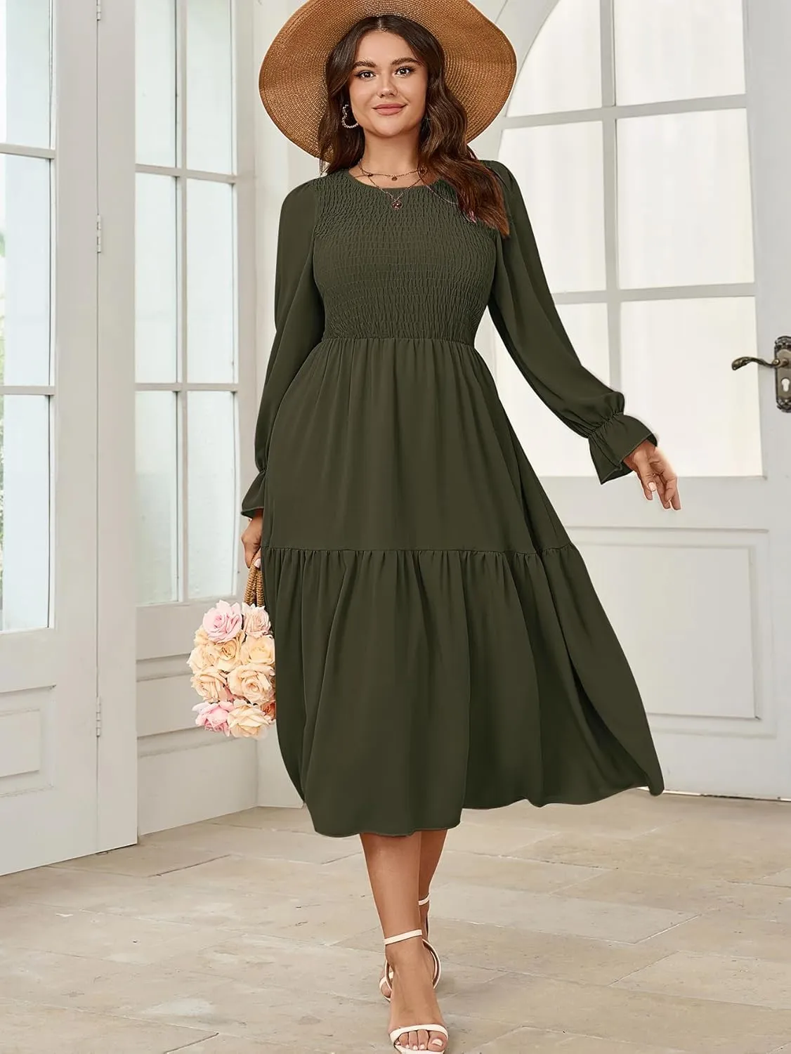 Women's Plus Size Dress Long Sleeve Crewneck Smocked Tiered Flowy Boho Wedding Party Maxi Dresses