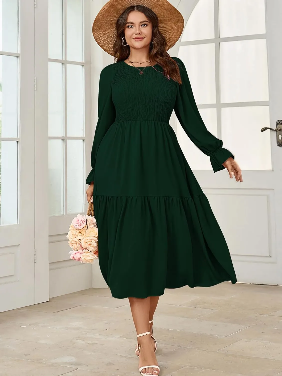 Women's Plus Size Dress Long Sleeve Crewneck Smocked Tiered Flowy Boho Wedding Party Maxi Dresses