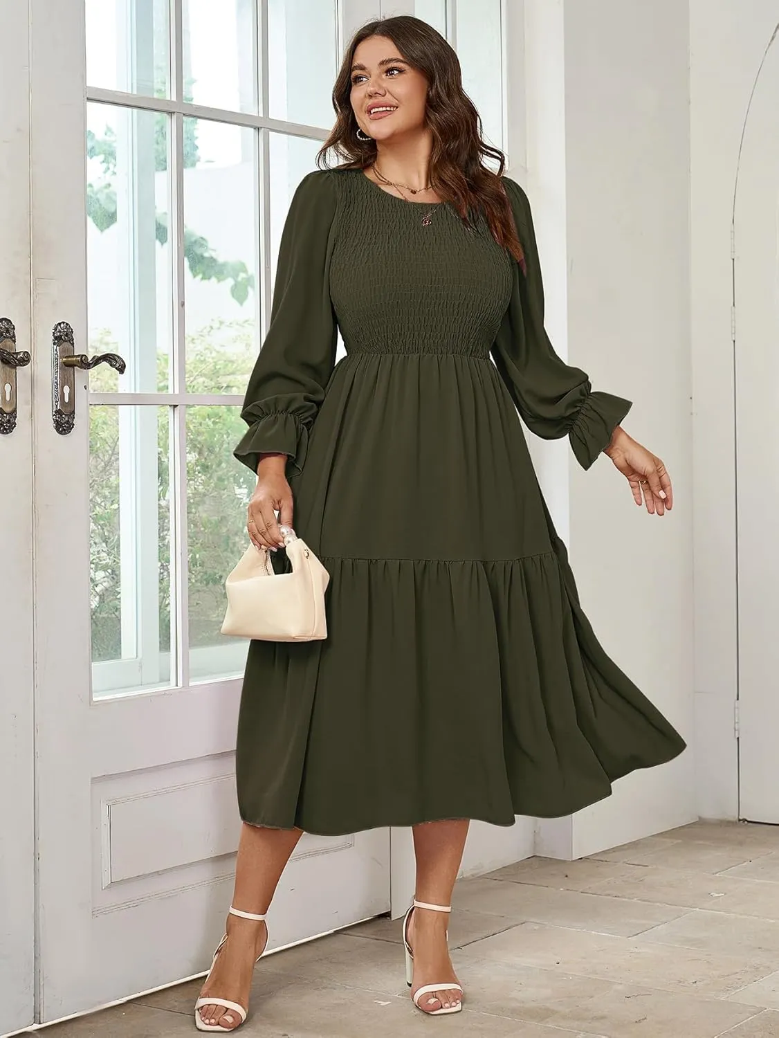 Women's Plus Size Dress Long Sleeve Crewneck Smocked Tiered Flowy Boho Wedding Party Maxi Dresses