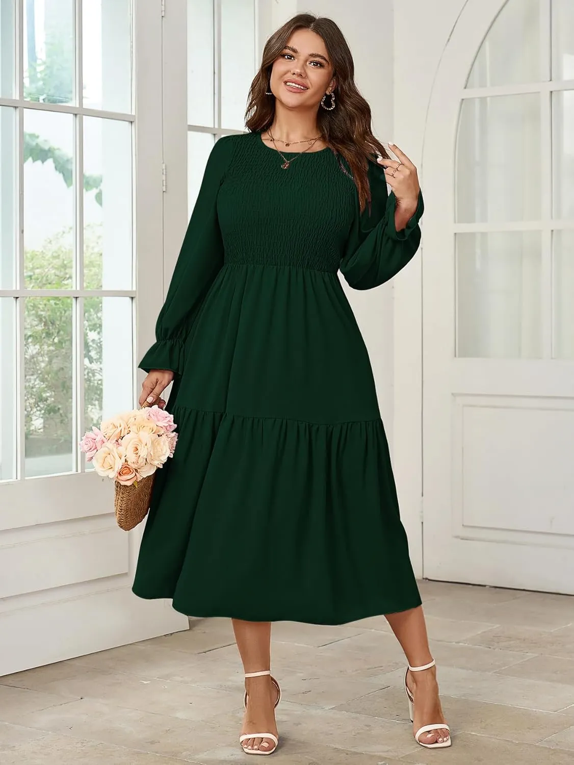 Women's Plus Size Dress Long Sleeve Crewneck Smocked Tiered Flowy Boho Wedding Party Maxi Dresses