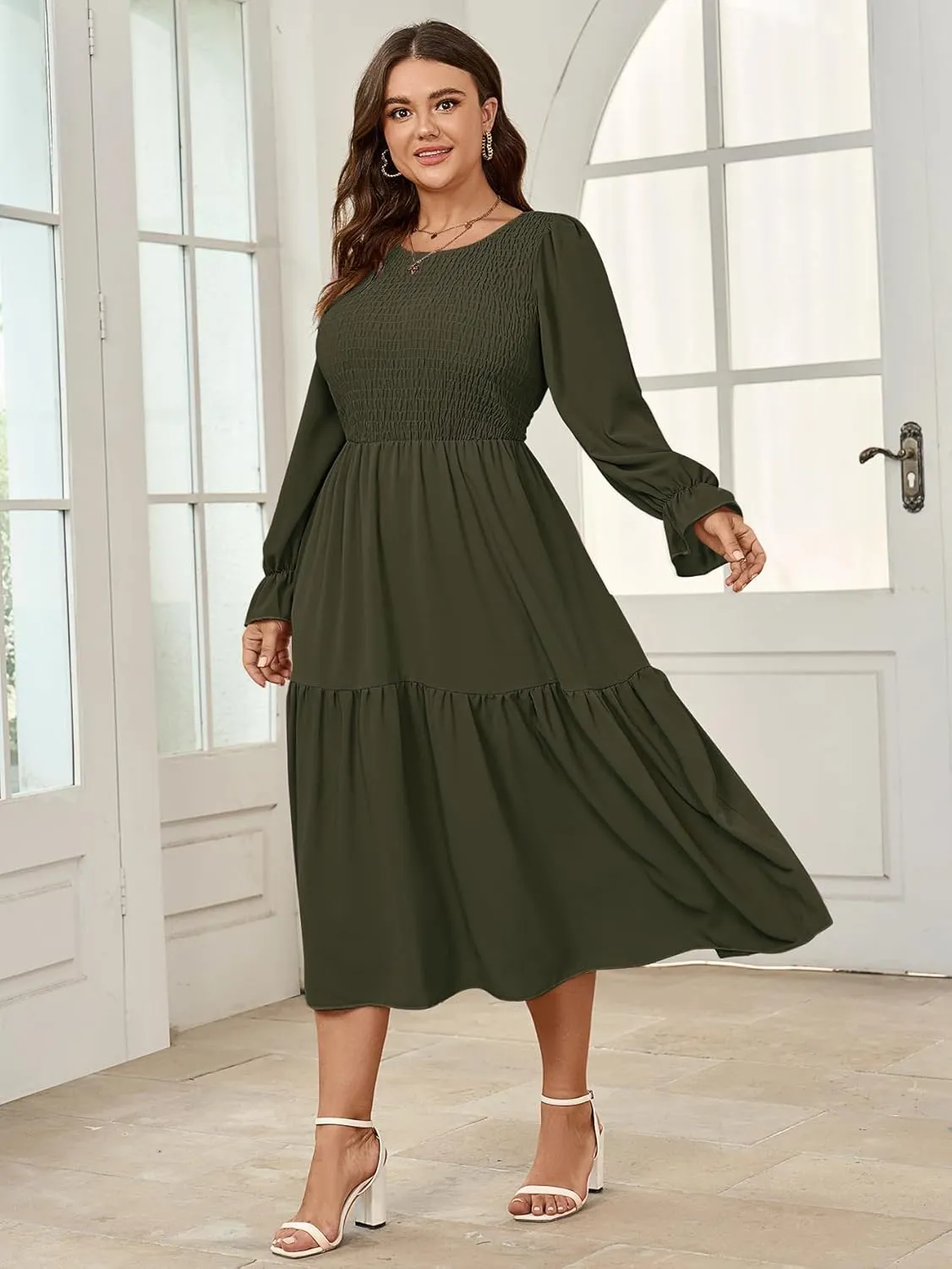 Women's Plus Size Dress Long Sleeve Crewneck Smocked Tiered Flowy Boho Wedding Party Maxi Dresses