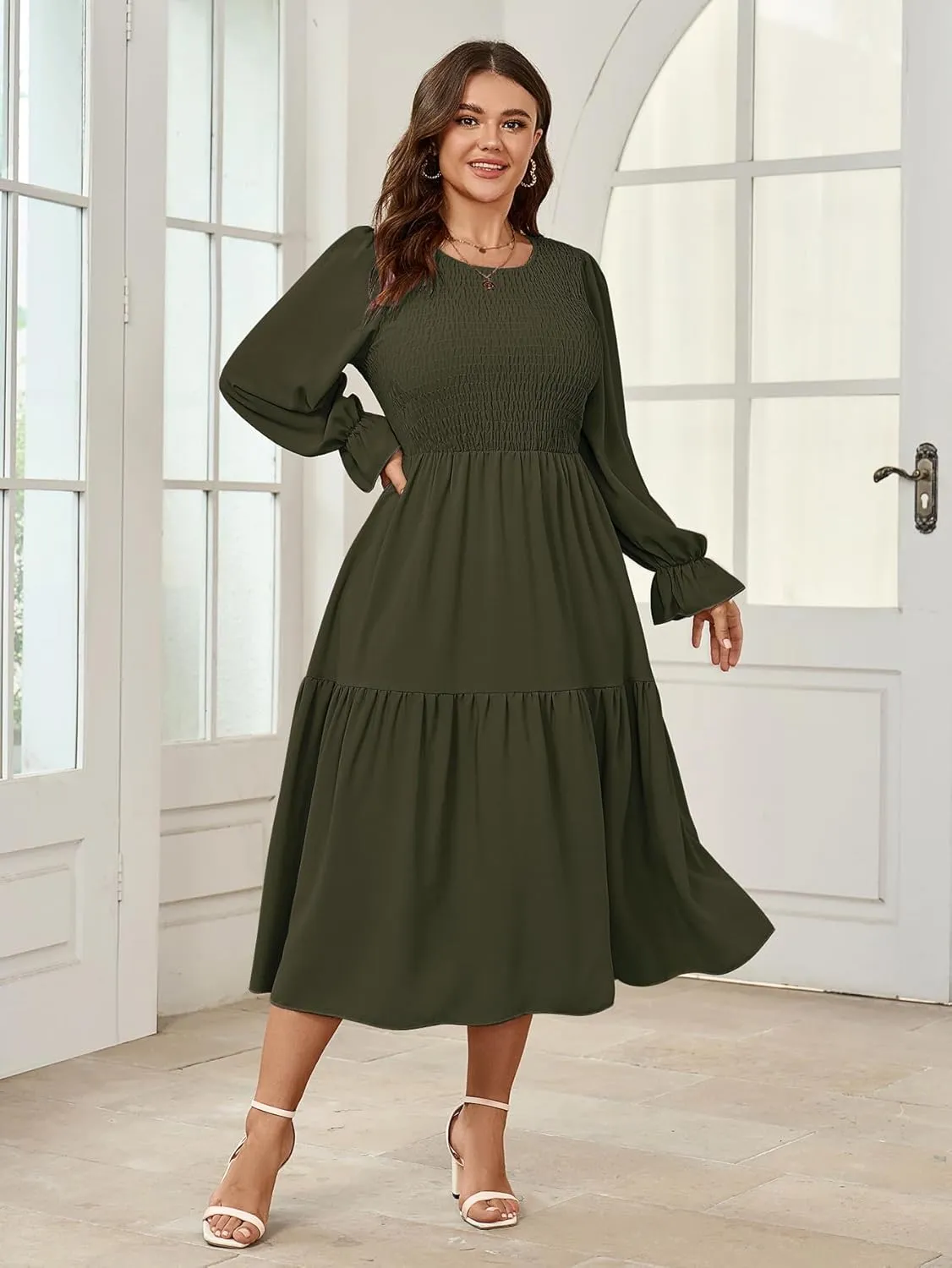 Women's Plus Size Dress Long Sleeve Crewneck Smocked Tiered Flowy Boho Wedding Party Maxi Dresses