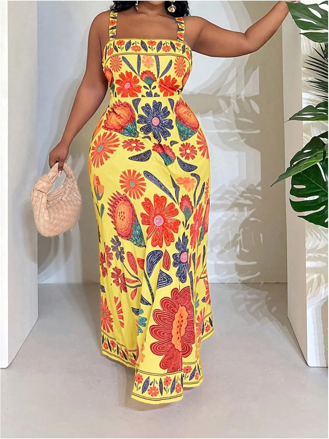 Women's Plus Size Floral Maxi Dress Sleeveless High Waisted Summer Flowy Cami Dresses