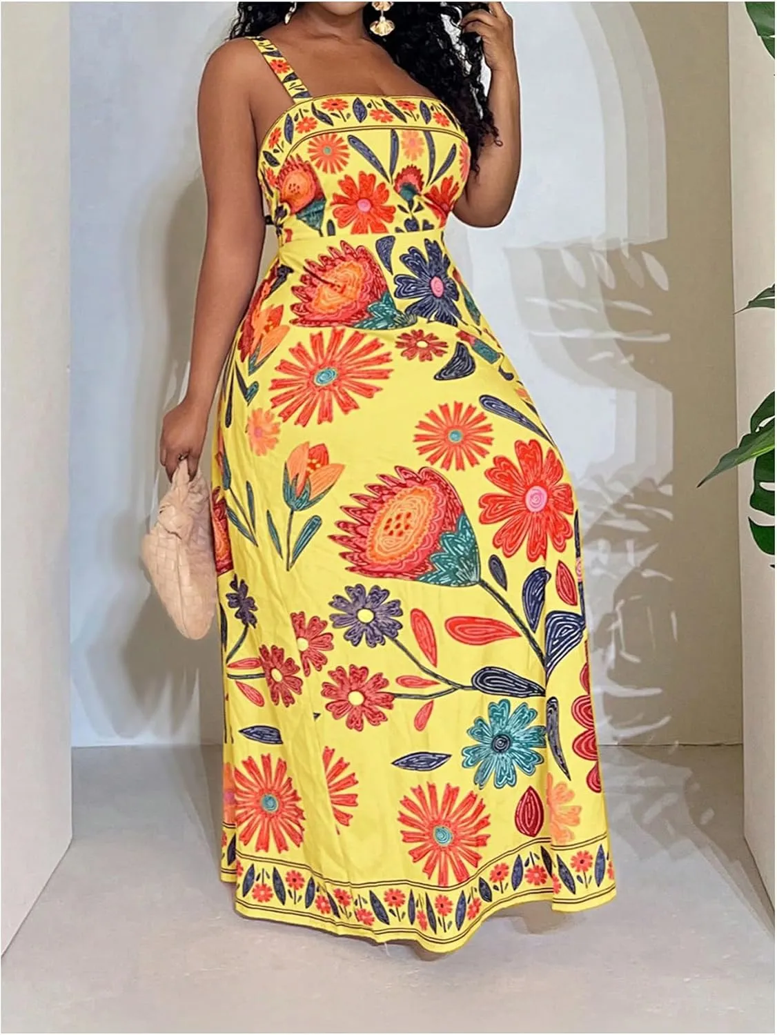 Women's Plus Size Floral Maxi Dress Sleeveless High Waisted Summer Flowy Cami Dresses