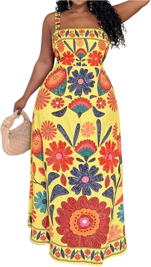 Women's Plus Size Floral Maxi Dress Sleeveless High Waisted Summer Flowy Cami Dresses