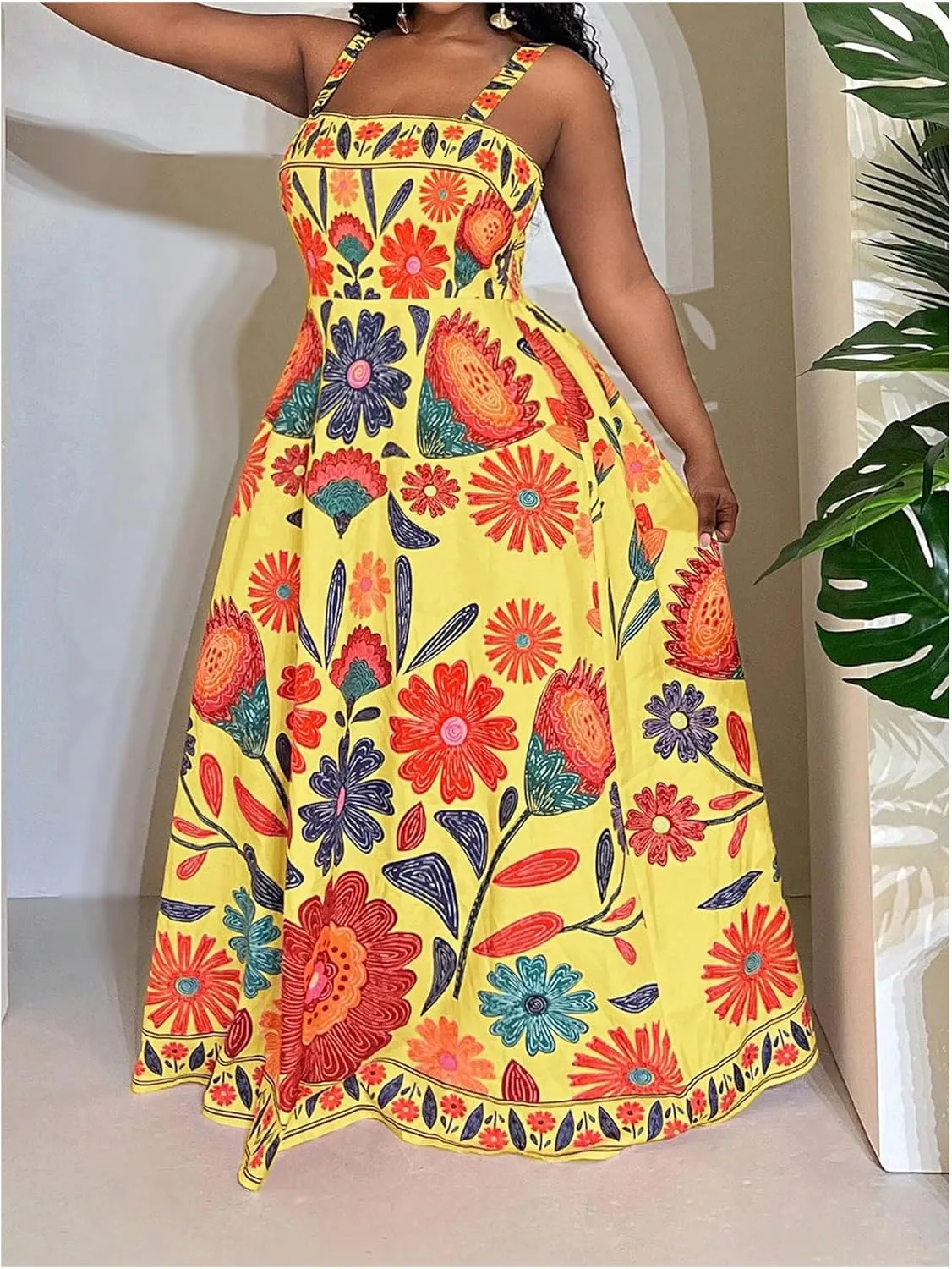 Women's Plus Size Floral Maxi Dress Sleeveless High Waisted Summer Flowy Cami Dresses