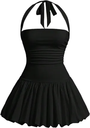 Women's Plus Size Y2k Ruffle Halter Dress A Line Bubble Sleeveless Mini Dresses