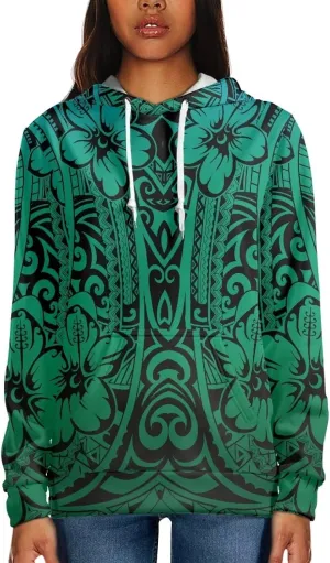 Womens Polynesian Tribal Tattoo Print Hoodies Drawstring Puletasi Tatau Ptaha Pullover Sweatshirt with Pocket