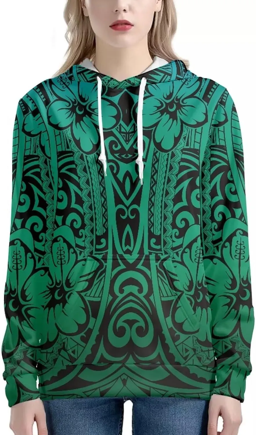 Womens Polynesian Tribal Tattoo Print Hoodies Drawstring Puletasi Tatau Ptaha Pullover Sweatshirt with Pocket