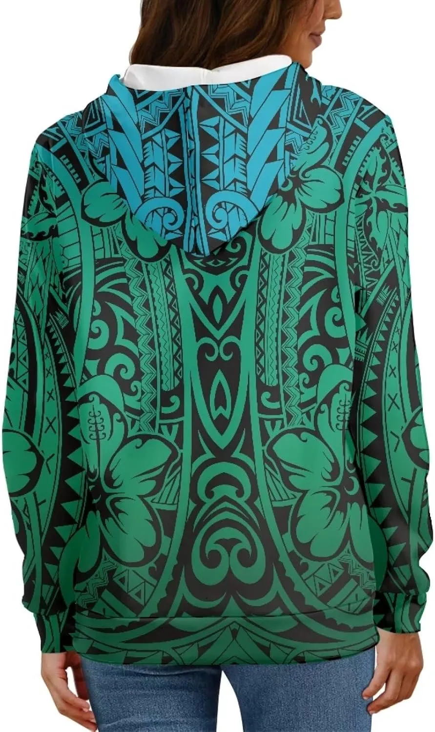 Womens Polynesian Tribal Tattoo Print Hoodies Drawstring Puletasi Tatau Ptaha Pullover Sweatshirt with Pocket
