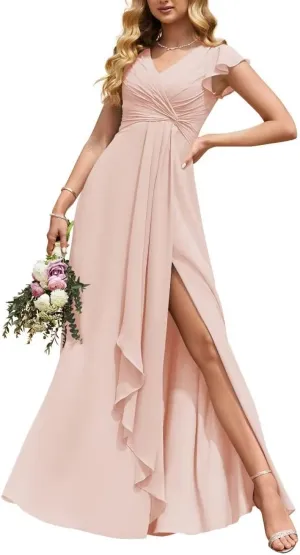Women's Puffle Sleeve Bridesmaid Dresses Long A Line Side Slit Chiffon Formal Evening Gown with Pockets TB26