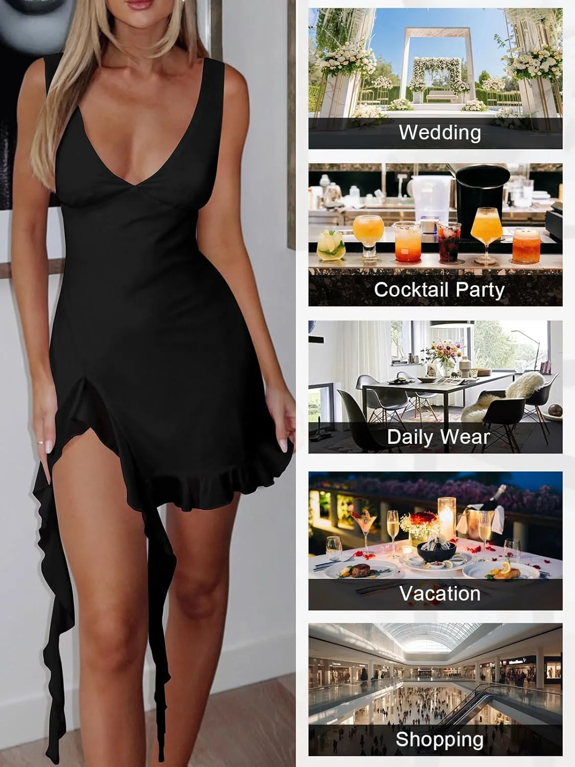 Womens Sexy Deep V Neck Mini Dress for Women Y2K Side Slit Going Out Cocktail Wedding Party Ruffle Short Dresses