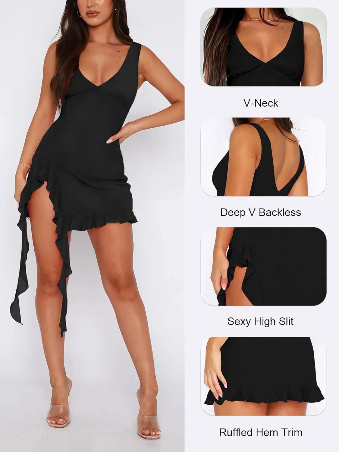 Womens Sexy Deep V Neck Mini Dress for Women Y2K Side Slit Going Out Cocktail Wedding Party Ruffle Short Dresses