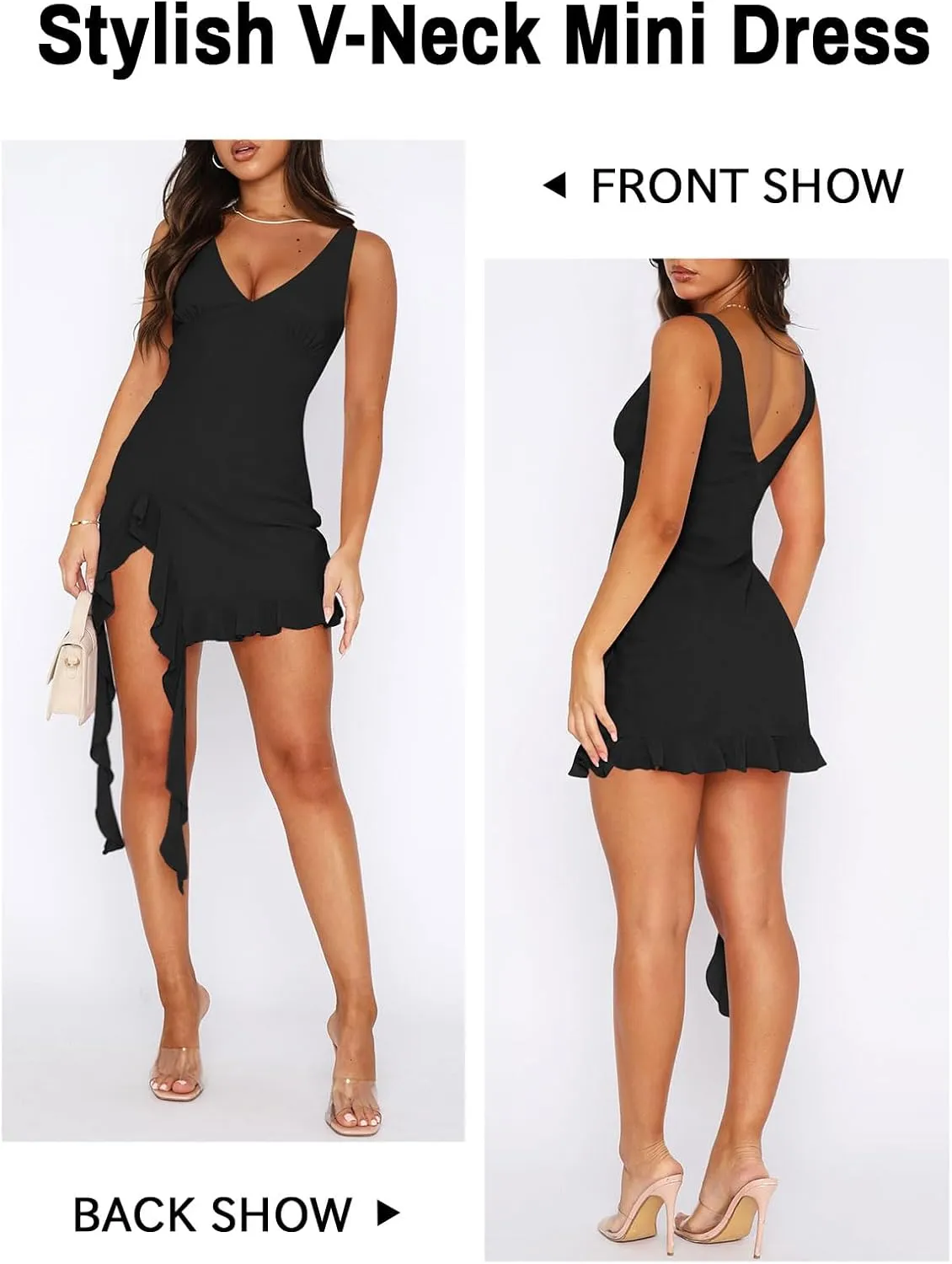 Womens Sexy Deep V Neck Mini Dress for Women Y2K Side Slit Going Out Cocktail Wedding Party Ruffle Short Dresses
