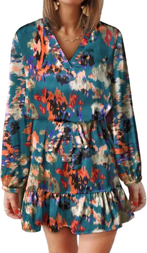 Women's Summer Bohemian Abstract Print Wrap V Neck Lantern Long Sleeve Waist Tie Ruffle Mini Swing Skater Sun Dress