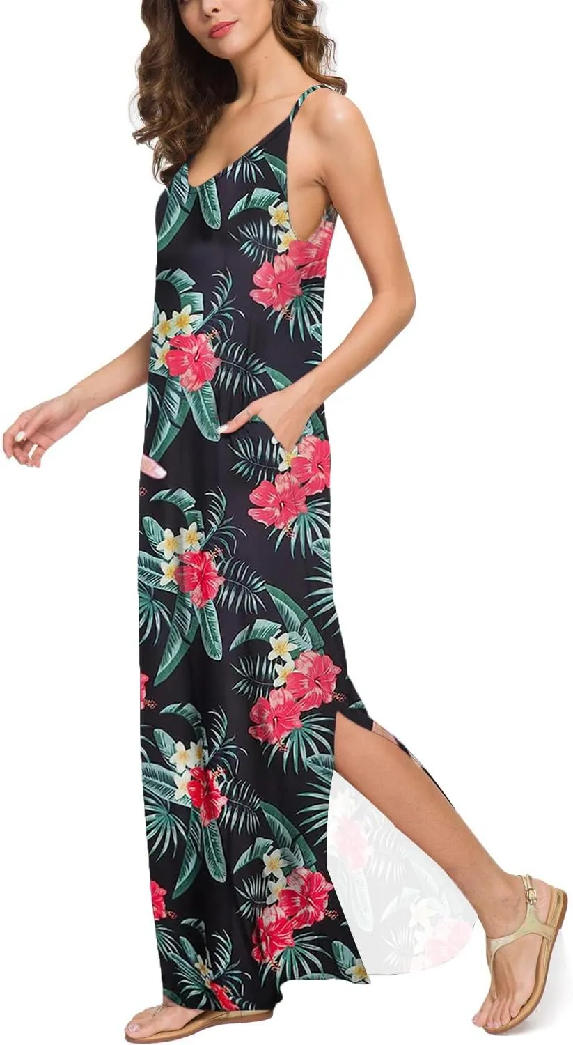 Women's Summer Casual Sleeveless Strappy Dress Loose Split Hawaiian Beach Cover Up Long Cami Vacation Maxi Pocket Sundress