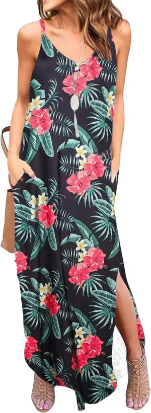 Women's Summer Casual Sleeveless Strappy Dress Loose Split Hawaiian Beach Cover Up Long Cami Vacation Maxi Pocket Sundress