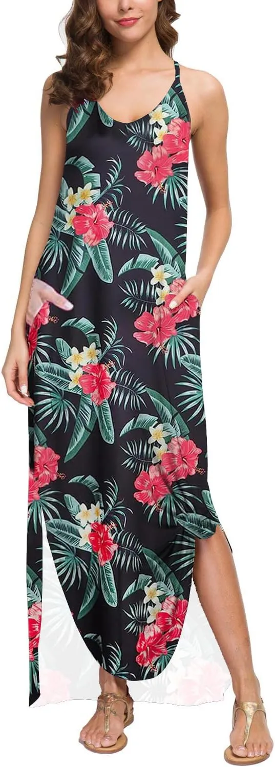 Women's Summer Casual Sleeveless Strappy Dress Loose Split Hawaiian Beach Cover Up Long Cami Vacation Maxi Pocket Sundress