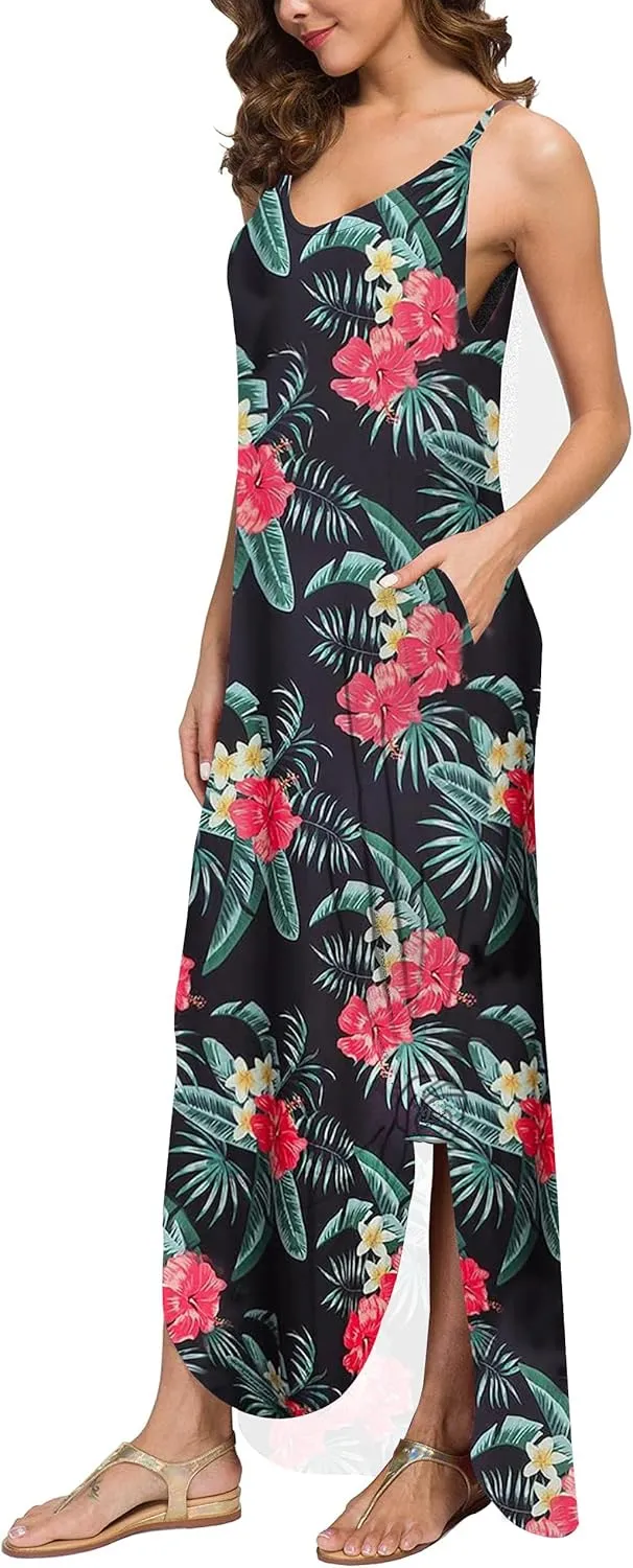 Women's Summer Casual Sleeveless Strappy Dress Loose Split Hawaiian Beach Cover Up Long Cami Vacation Maxi Pocket Sundress
