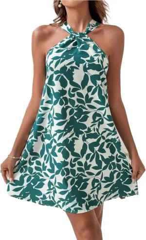 Women's Summer Dress Criss Cross Halter Dress Mini Beach Dress Tropical Leaf Printed Dress