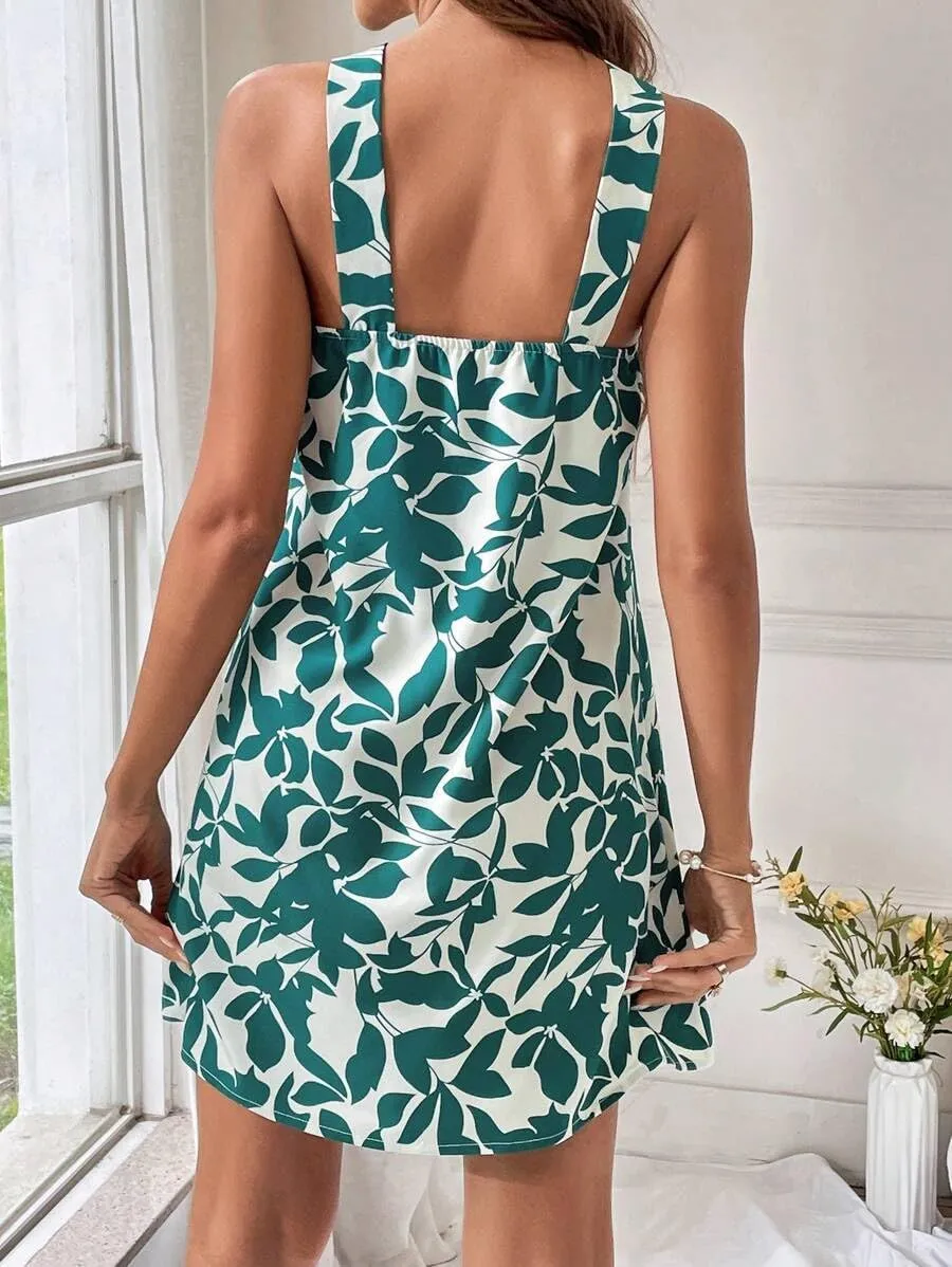 Women's Summer Dress Criss Cross Halter Dress Mini Beach Dress Tropical Leaf Printed Dress