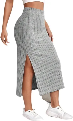 Womens Summer Flowy Skirt Dress High Waist Slit Ribbed Knit Midi Skirt