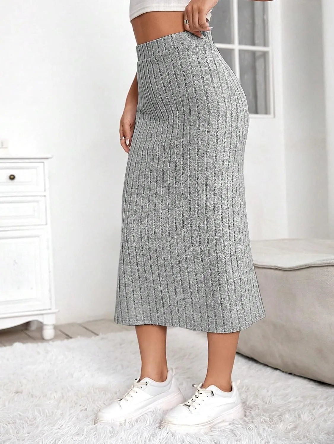 Womens Summer Flowy Skirt Dress High Waist Slit Ribbed Knit Midi Skirt