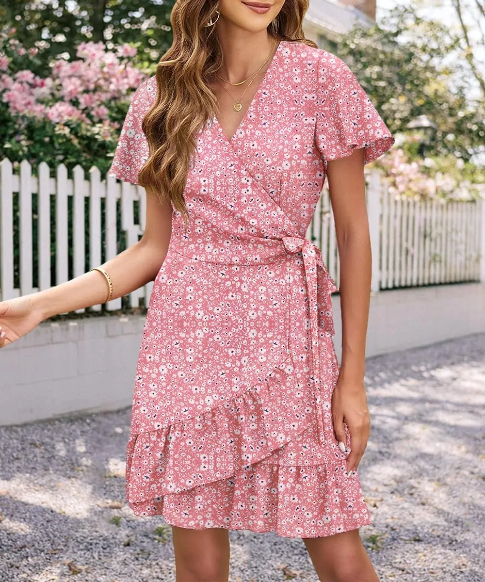 Women's Summer Wrap V Neck Dress Short Sleeve Floral Print Ruffle Boho Tiered Mini Swing Dresses with Belt