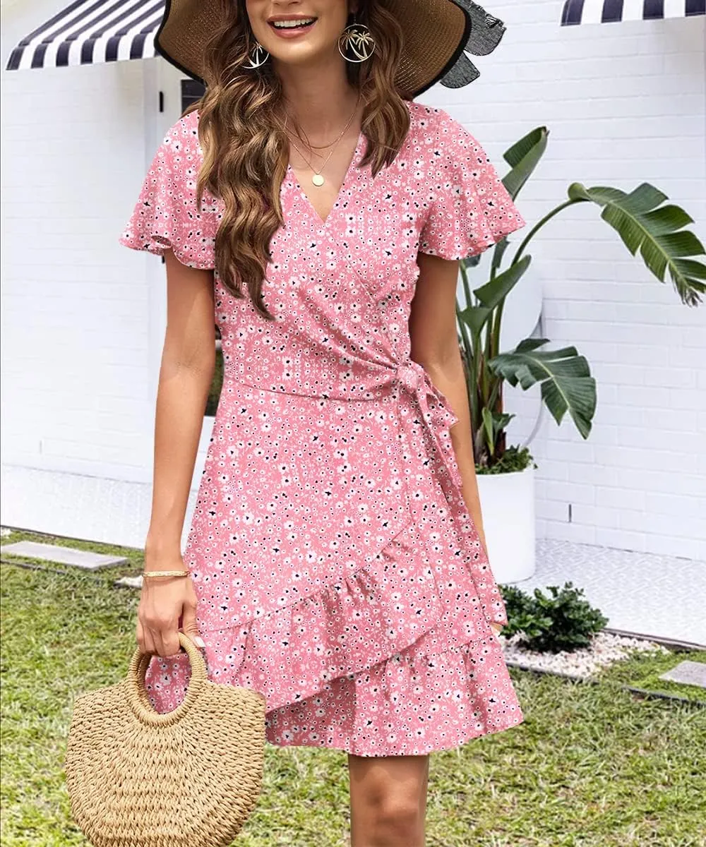 Women's Summer Wrap V Neck Dress Short Sleeve Floral Print Ruffle Boho Tiered Mini Swing Dresses with Belt
