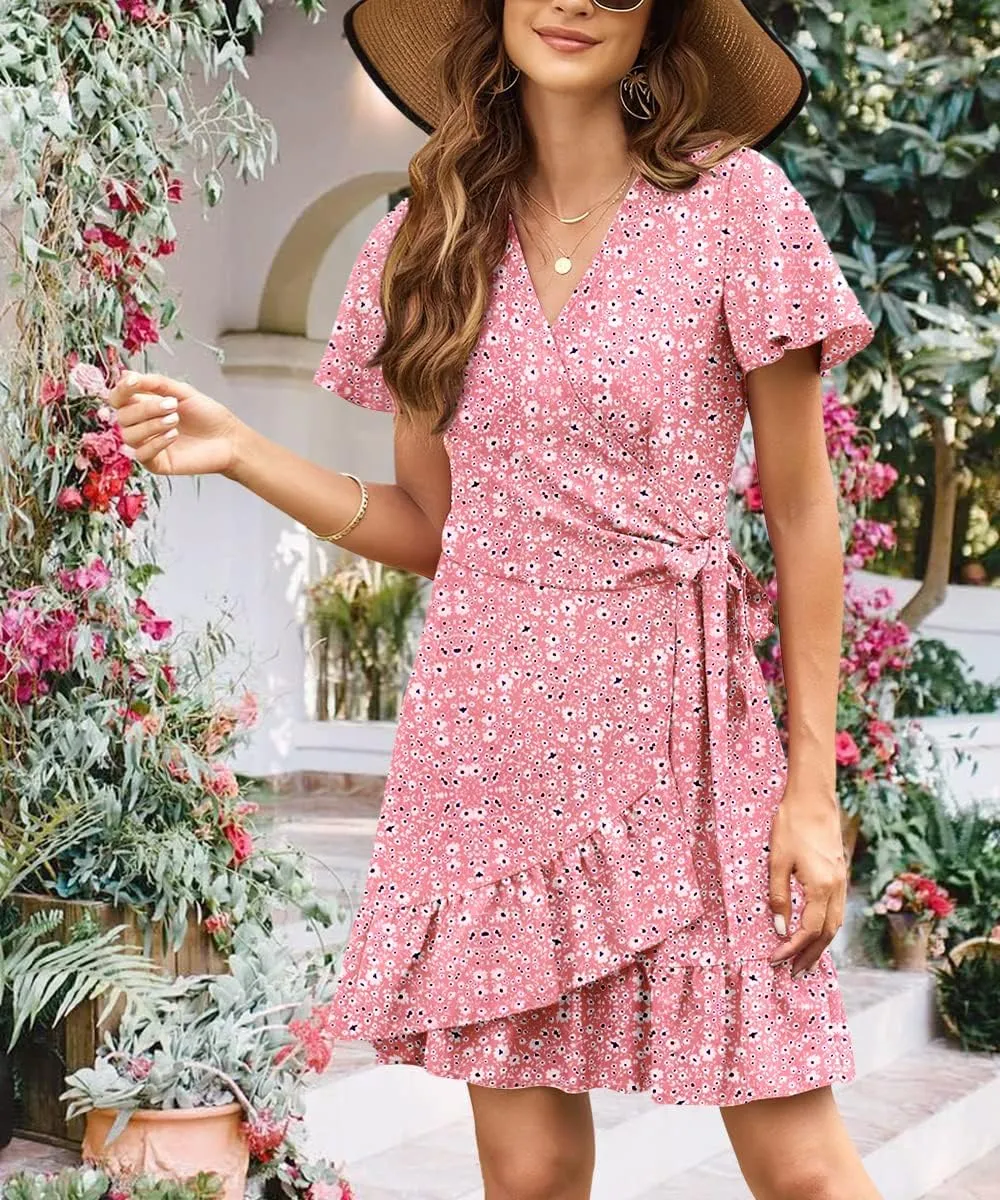 Women's Summer Wrap V Neck Dress Short Sleeve Floral Print Ruffle Boho Tiered Mini Swing Dresses with Belt