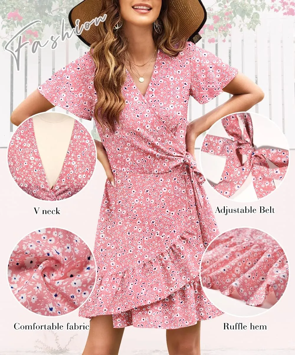 Women's Summer Wrap V Neck Dress Short Sleeve Floral Print Ruffle Boho Tiered Mini Swing Dresses with Belt
