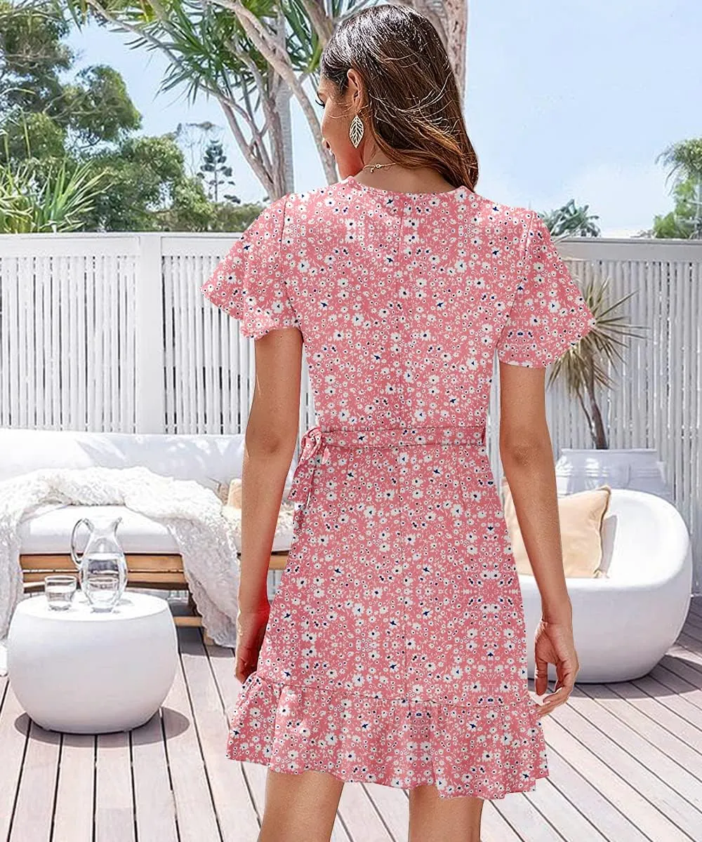 Women's Summer Wrap V Neck Dress Short Sleeve Floral Print Ruffle Boho Tiered Mini Swing Dresses with Belt