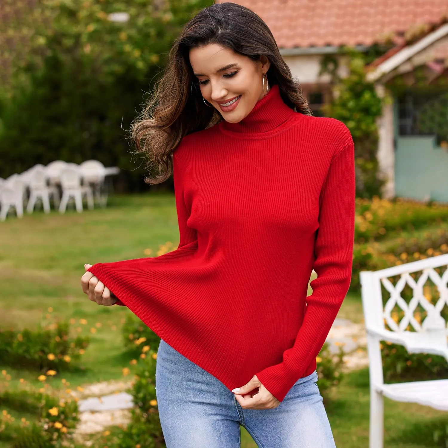 Women's Turtleneck Ribbed Pullover Fashion Long Sleeve Knit Sweater Fall Basic Tops